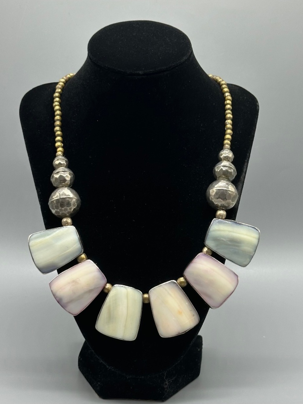 Vintage Mother of Pearl Shell Pastel Brass and Silver Tone Statement Necklace
